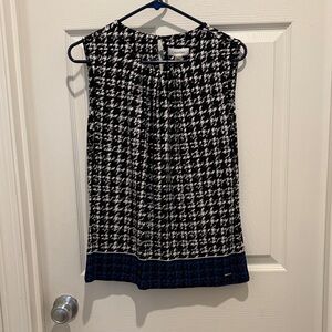 Calvin Klein Black White Houndstooth Sleeveless Top with Blue Hem